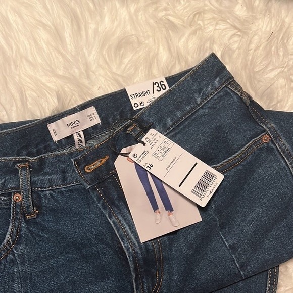 MANGO High Rise Frayed Straight Jeans Blue - Picture 3 of 7